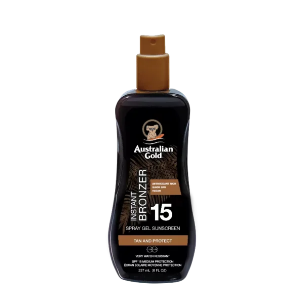 Australian Gold SPF15 Instant Bronzer Spray Gel Sunscreen 237ml - spray protezione solare con autoabbronzante